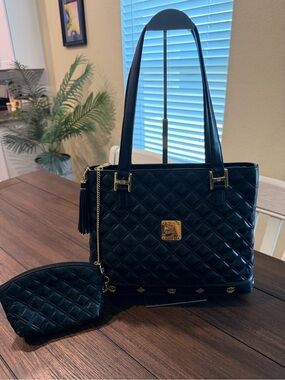 MCM Vintage Black Quilted Leather Tote w/Gold-Tone Logos/Accents Bag & Pouch Set